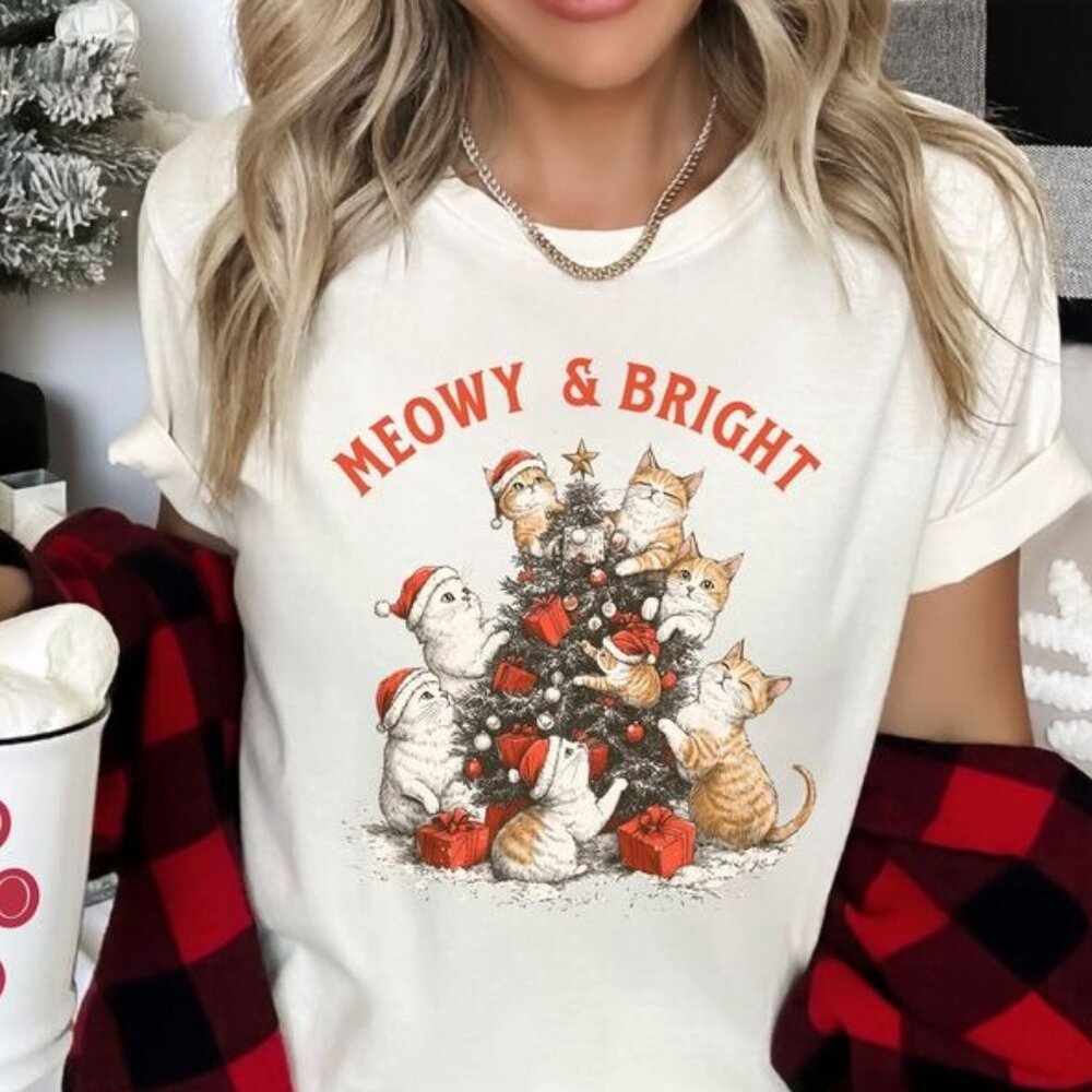 Meowy Christmas Cat Shirt, Cute Cat Tree